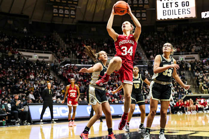 Grace Berger goes for a shot at Mackey Arena in Indiana's matchup versus Purdue.